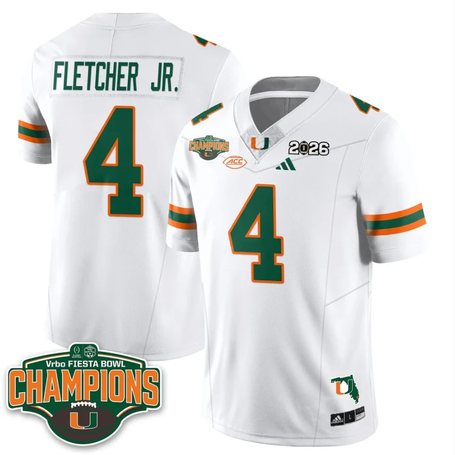 Mark Fletcher Jr Jersey #4 Miami Hurricanes 2026 Fiesta Bowl Champions Stitched by My Store NCAA Football Jerseys