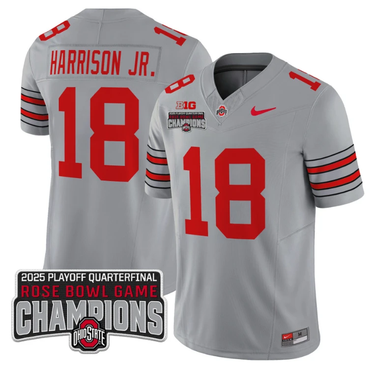 Marvin Harrison Jr Jersey #18 Ohio State 2025 Rose Bowl Champions Patch Gray by NCAA Football Jersey