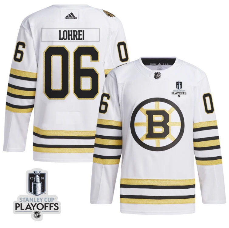 Mason Lohrei 6 Boston Bruins 2024 NHL Playoffs Patch Away Jersey - Men, White by Hockey David