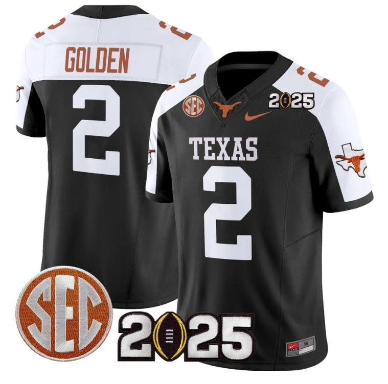 Matthew Golden Jersey #2 Texas Longhorns 2025 CFP Final Patch Black Alternate by NCAA Football Jersey