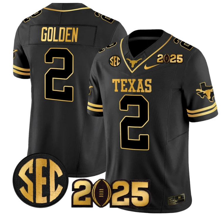 Matthew Golden Jersey #2 Texas Longhorns 2025 CFP Final Patch Black Gold by NCAA Football Jersey
