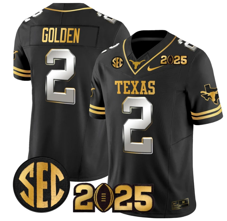 Matthew Golden Jersey #2 Texas Longhorns 2025 CFP Final Patch Black Limited by NCAA Football Jersey