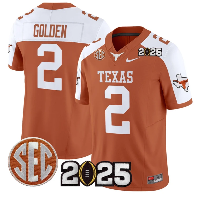Matthew Golden Jersey #2 Texas Longhorns 2025 CFP Final Patch Orange Alternate by NCAA Football Jersey