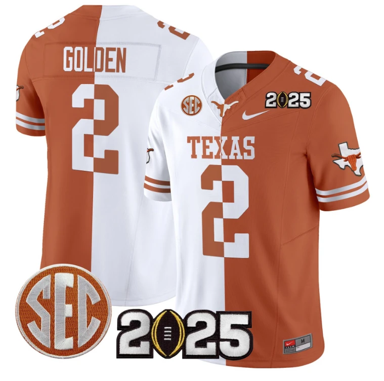 Matthew Golden Jersey #2 Texas Longhorns 2025 CFP Final Patch Split by NCAA Football Jersey