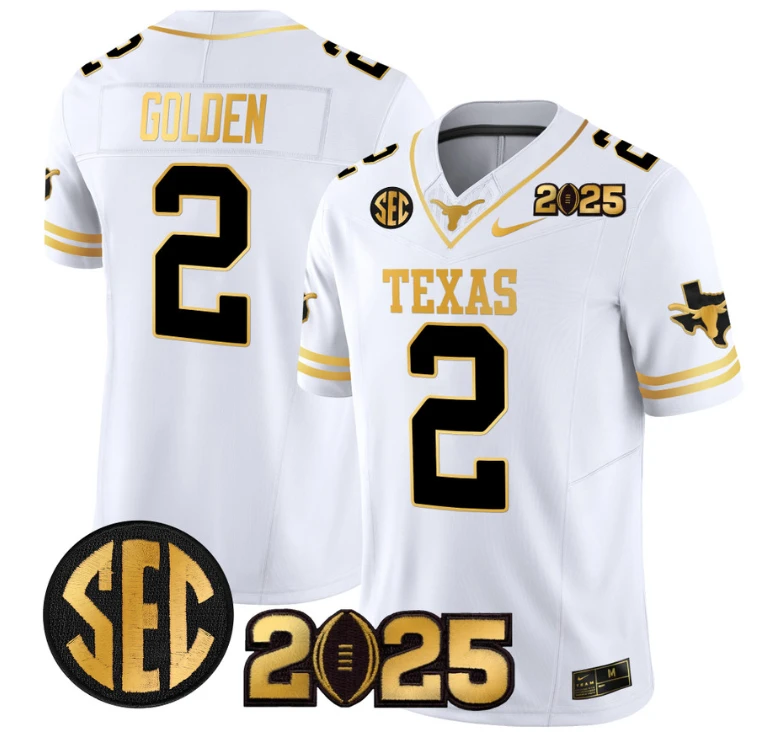Matthew Golden Jersey #2 Texas Longhorns 2025 CFP Final Patch White Gold by NCAA Football Jersey