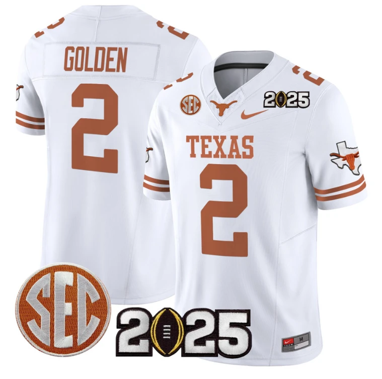 Matthew Golden Jersey #2 Texas Longhorns 2025 CFP Final Patch White by NCAA Football Jersey