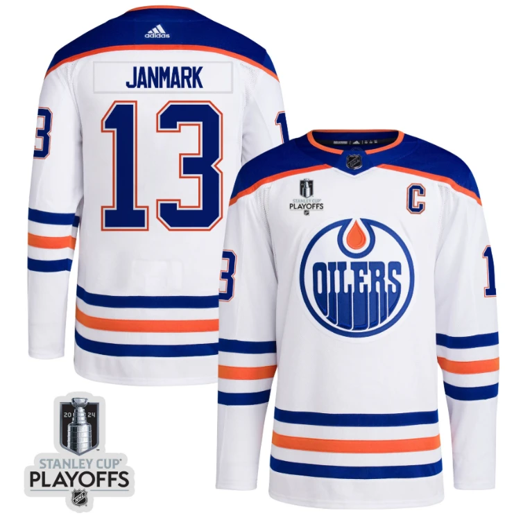 Mattias Janmark 13 Edmonton Oilers 2024 NHL Playoffs Patch Away Jersey - Men, White by Hockey David