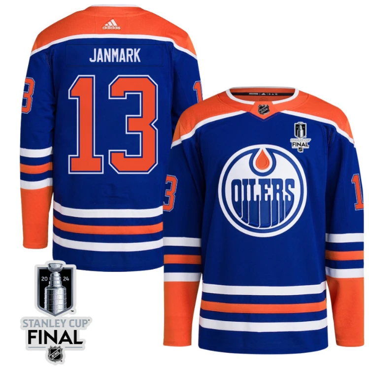 Mattias Janmark 13 Edmonton Oilers 2024 STANLEY CUP Final Home Primegreen Jersey Men, Royal by Hockey David