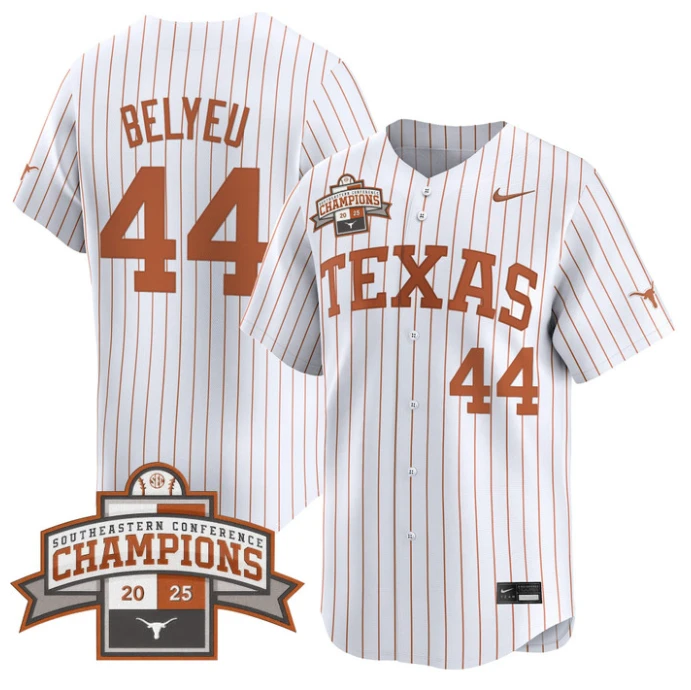 Max Belyeu Jersey #44 Texas Longhorns 2025 Southeastern Champions Vapor Stitched Pinstripe by My Store
