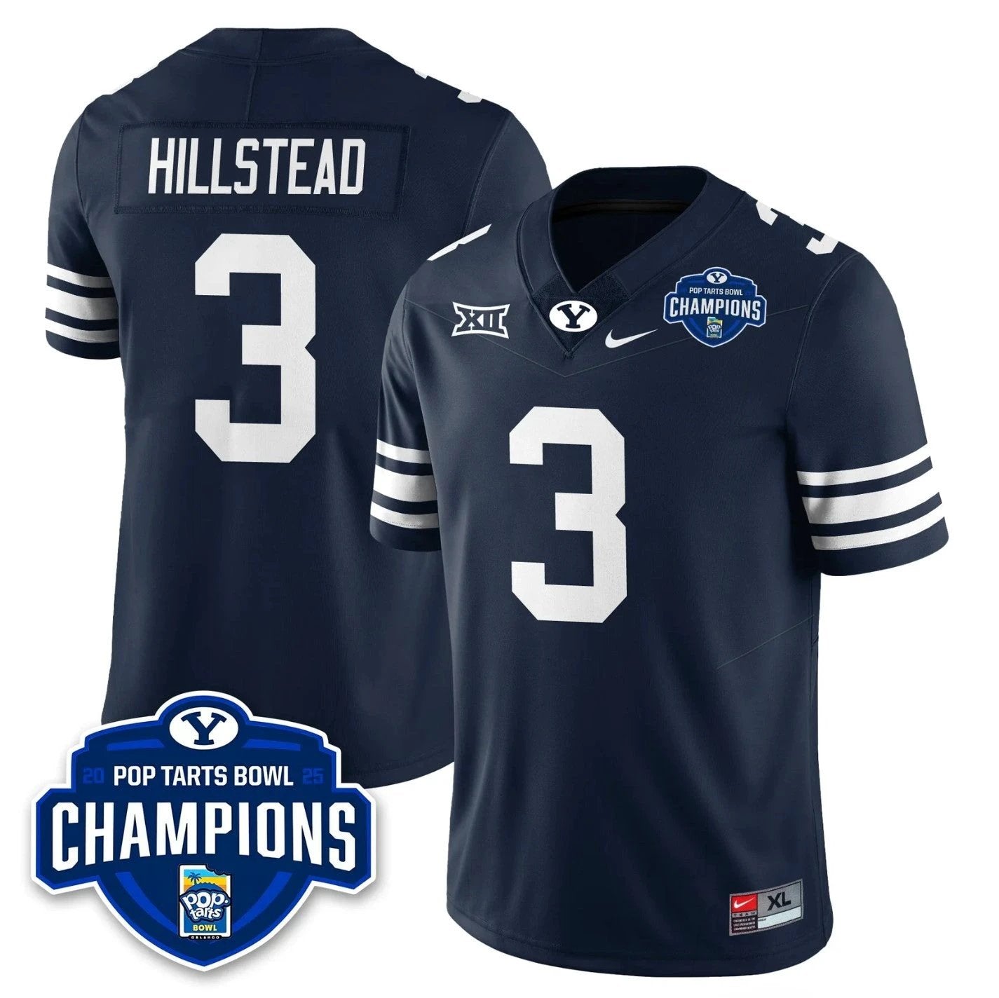 McCae Hillstead Jersey #3 BYU Cougars 2025 Pop-Tarts Bowl Champions Navy by NCAA Football Jersey