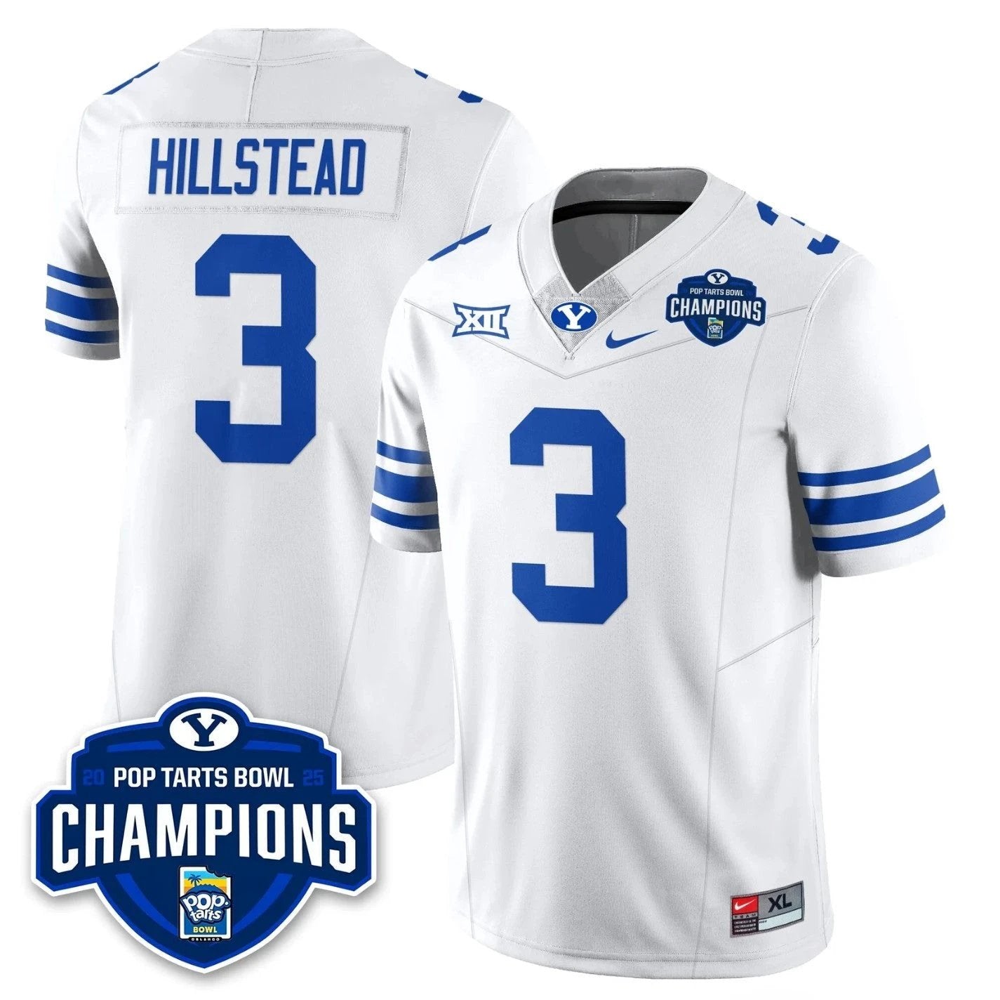 McCae Hillstead Jersey #3 BYU Cougars 2025 Pop-Tarts Bowl Champions White by NCAA Football Jersey