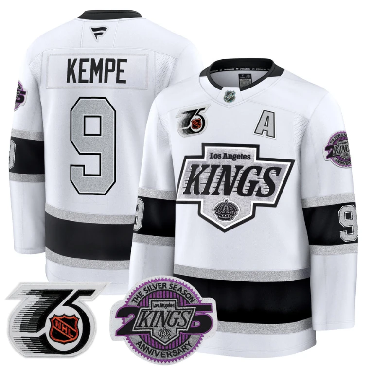 Men Adrian Kempe Jersey #9 Los Angeles Kings 91-92 75th 25th Anniversary White by Hockey David