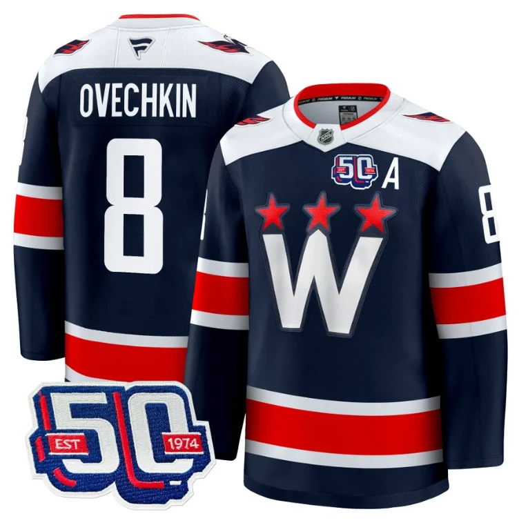 Men Alex Ovechkin Jersey #8 Washington Capitals 50th Anniversary V2 Navy by Hockey David