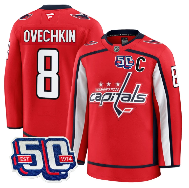 Men Alex Ovechkin Jersey #8 Washington Capitals 50th Anniversary V2 Red by Hockey David