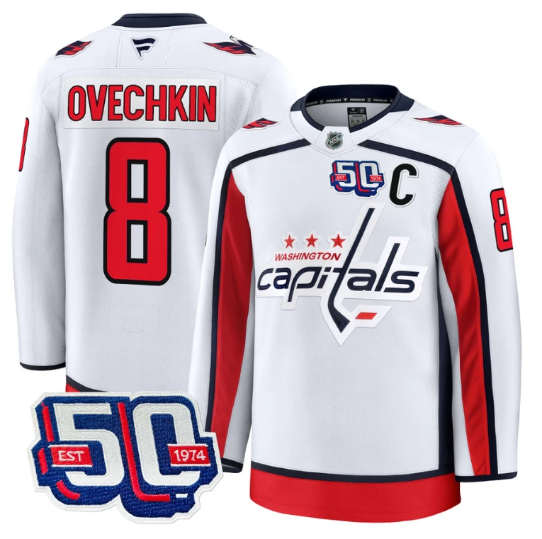 Men Alex Ovechkin Jersey #8 Washington Capitals 50th Anniversary V2 White by Hockey David