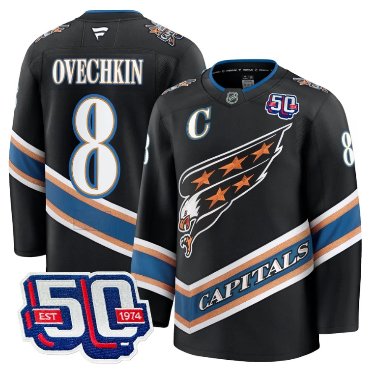 Men Alex Ovechkin Jersey #8 Washington Capitals Eagle 50th Anniversary Black by Hockey David