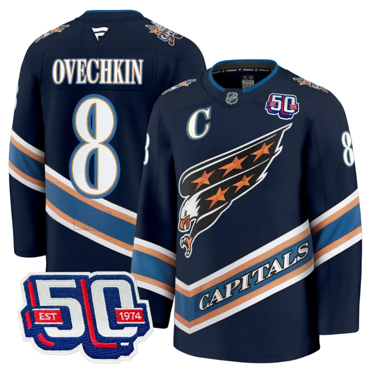 Men Alex Ovechkin Jersey #8 Washington Capitals Eagle 50th Anniversary Navy by Hockey David