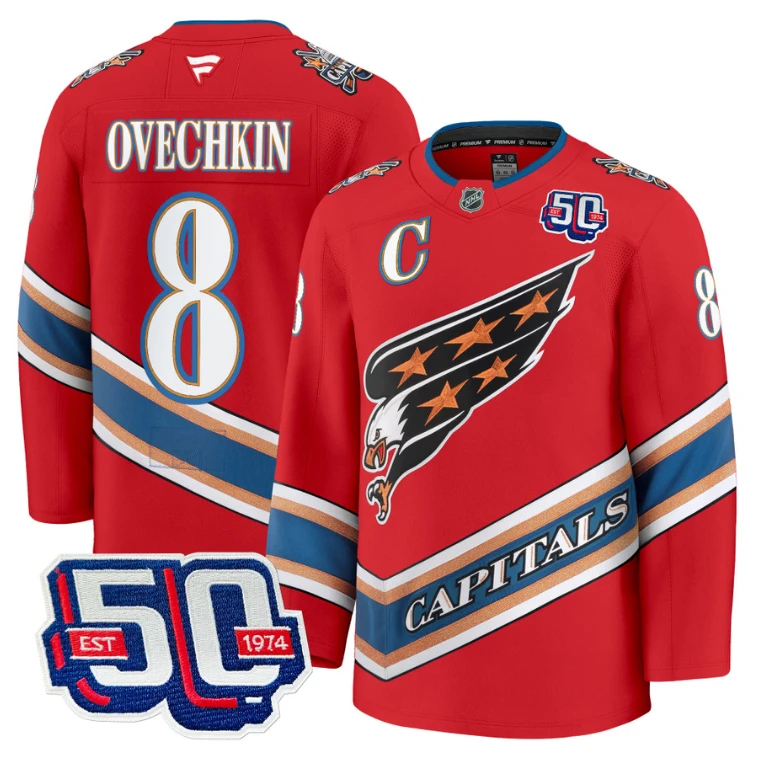 Men Alex Ovechkin Jersey #8 Washington Capitals Eagle 50th Anniversary Red by Hockey David