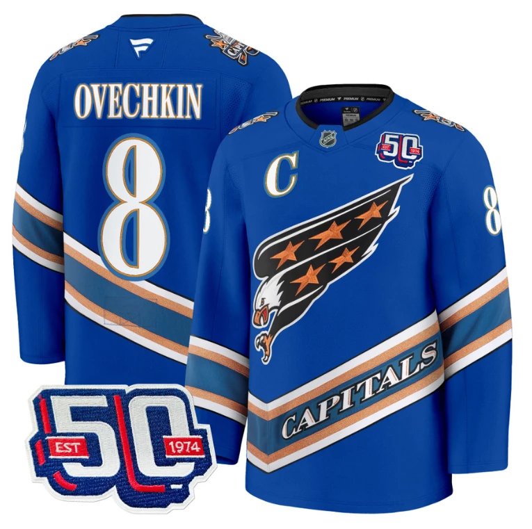 Men Alex Ovechkin Jersey #8 Washington Capitals Eagle 50th Anniversary Royal by Hockey David