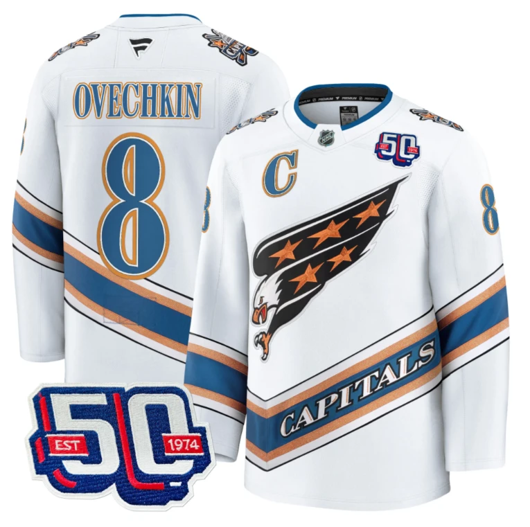 Men Alex Ovechkin Jersey #8 Washington Capitals Eagle 50th Anniversary White by Hockey David