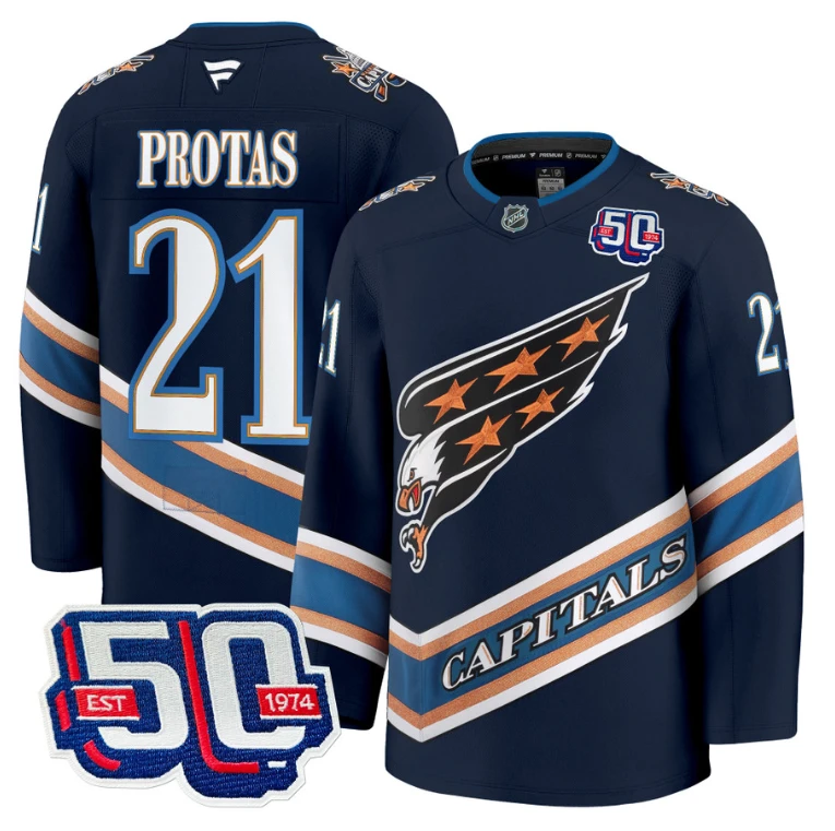 Men Aliaksei Protas Jersey #21 Washington Capitals Eagle 50th Anniversary Navy by Hockey David