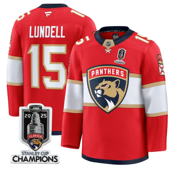 Men Anton Lundell Jersey #15 Florida Panthers 2025 Stanley Cup Champions Red by Hockey David