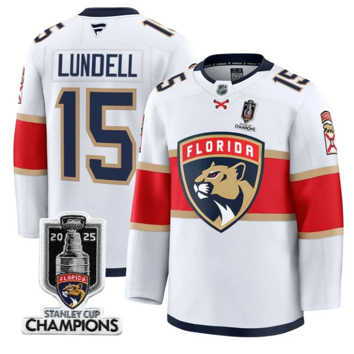 Men Anton Lundell Jersey #15 Florida Panthers 2025 Stanley Cup Champions White by Hockey David