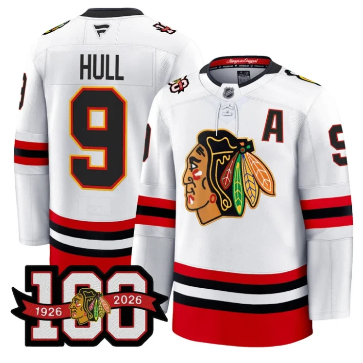 Men Bobby Hull Jersey #9 Chicago Blackhawks 100th Anniversary Stitched White by Hockey David