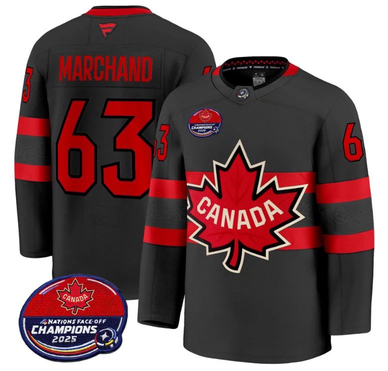 Men Brad Marchand Jersey #63 Canada 4 Nations Face-Off 2025 Champions V2 Black by Hockey David
