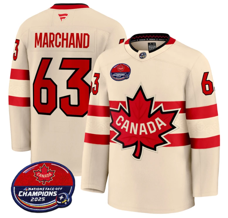 Men Brad Marchand Jersey #63 Canada 4 Nations Face-Off 2025 Champions V2 Cream by Hockey David