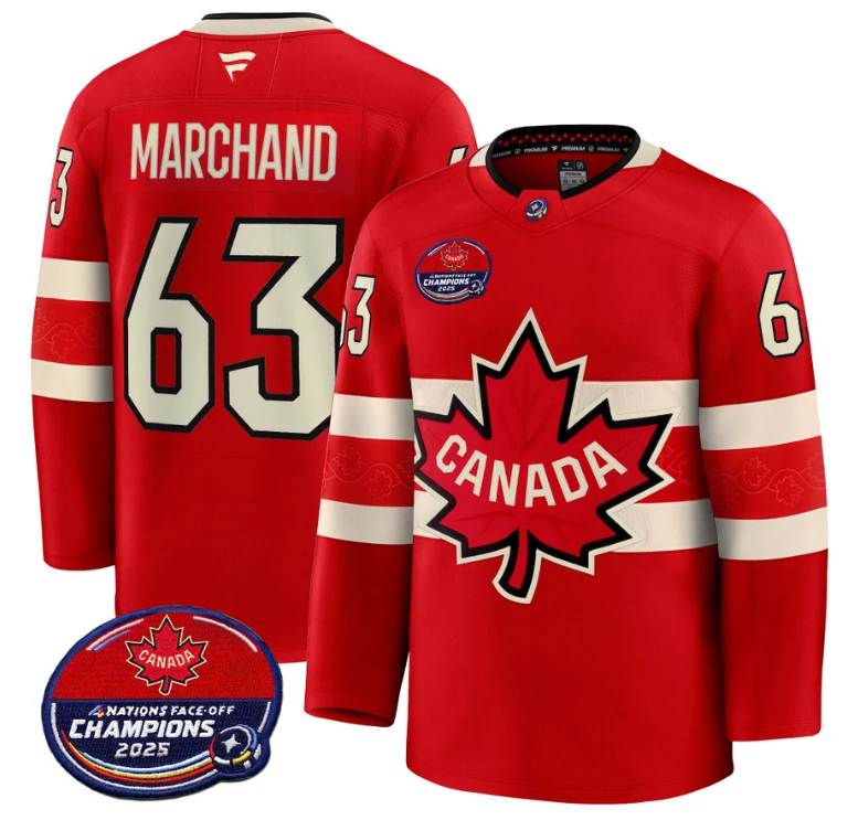 Men Brad Marchand Jersey #63 Canada 4 Nations Face-Off 2025 Champions V2 Red by Hockey David