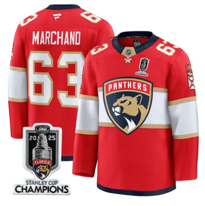 Men Brad Marchand Jersey #63 Florida Panthers 2025 Stanley Cup Champions Red by Hockey David