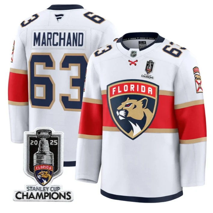 Men Brad Marchand Jersey #63 Florida Panthers 2025 Stanley Cup Champions White by Hockey David