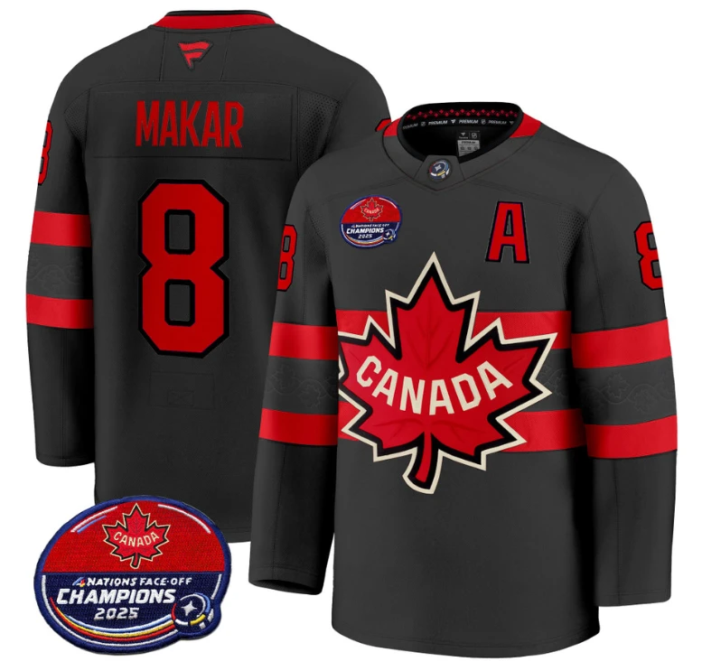 Men Cale Makar Jersey #8 Canada 4 Nations Face-Off 2025 Champions V2 Black by Hockey David