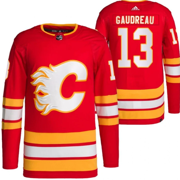 Men Calgary Flames 13 Johnny Gaudreau Home Red Jersey 2021-22 Primegreen Jersey by Hockey David