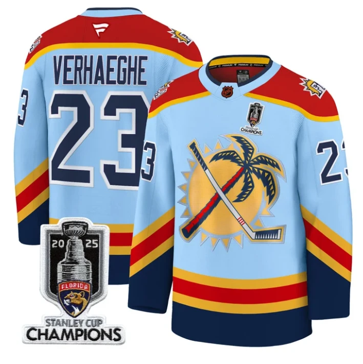 Men Carter Verhaeghe Jersey #23 Florida Panthers 2025 Stanley Cup Champions Blue by Hockey David