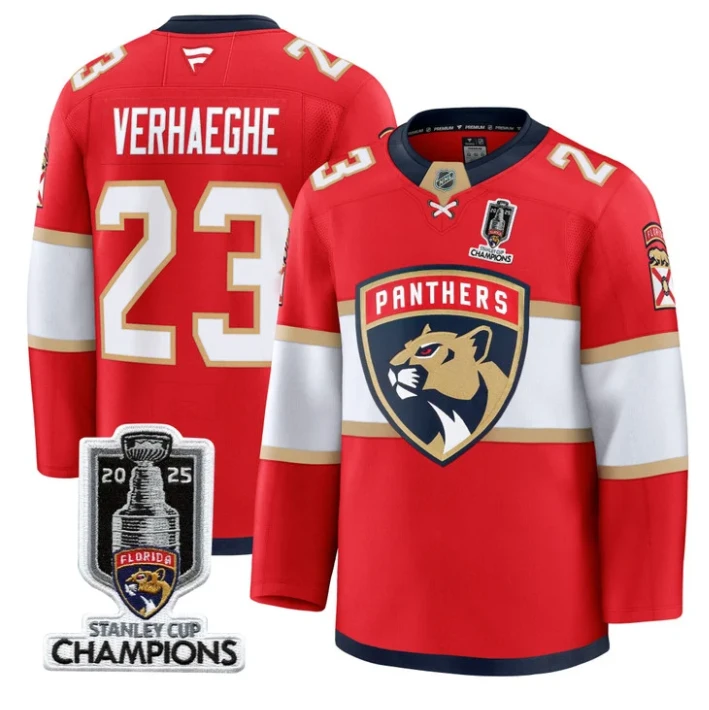 Men Carter Verhaeghe Jersey #23 Florida Panthers 2025 Stanley Cup Champions Red by Hockey David