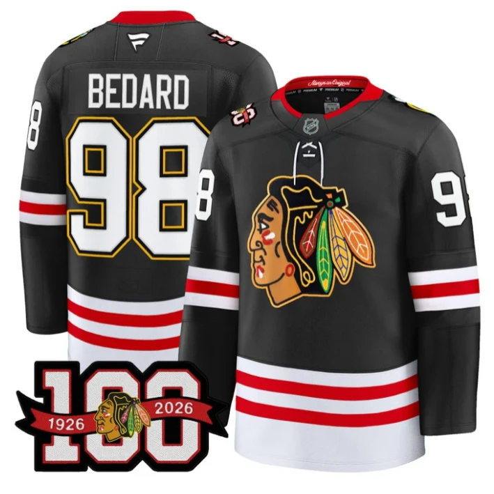 Men Connor Bedard Jersey #98 Chicago Blackhawks 100th Anniversary Stitched Black by Hockey David