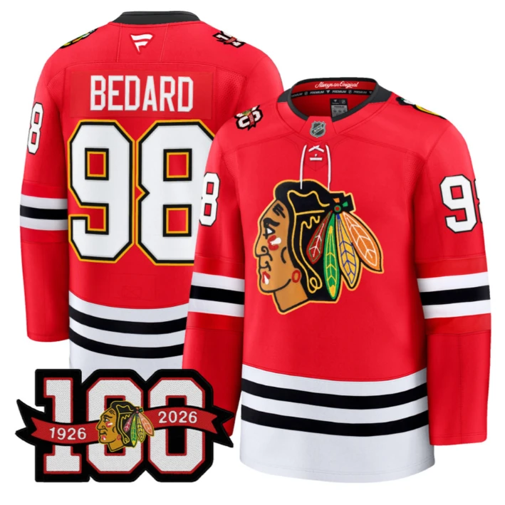 Men Connor Bedard Jersey #98 Chicago Blackhawks 100th Anniversary Stitched Red by Hockey David