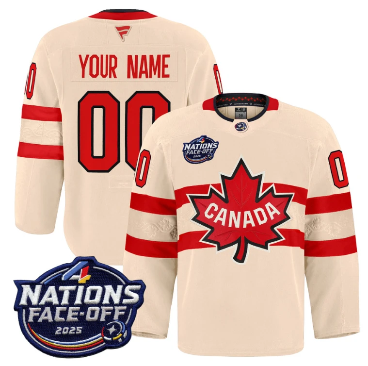 Men Custom Canada Jersey Name, Number 4 Nations Face-Off 2025 Pro Stitched Cream by Hockey David