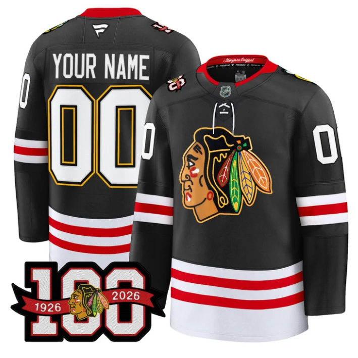 Men Custom Chicago Blackhawks Jersey 100th Anniversary Premium Stitched Black by Hockey David