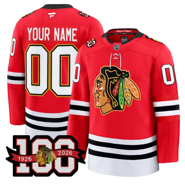 Men Custom Chicago Blackhawks Jersey 100th Anniversary Premium Stitched Red by Hockey David
