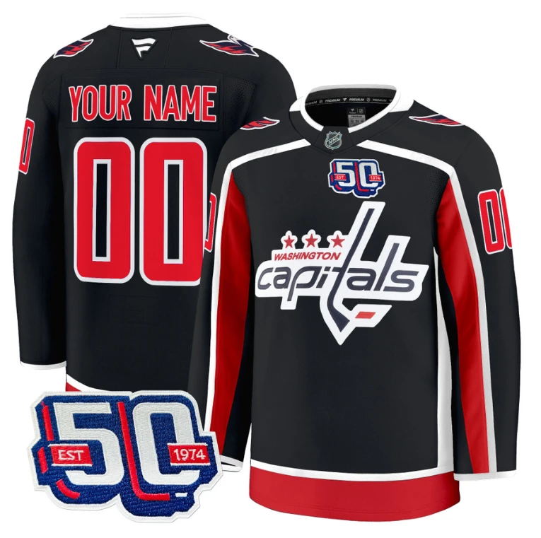 Men Custom Washington Capitals Jersey 50th Anniversary Premium Stitched Black by Hockey David