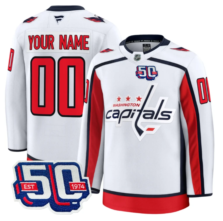 Men Custom Washington Capitals Jersey 50th Anniversary Premium Stitched White by Hockey David