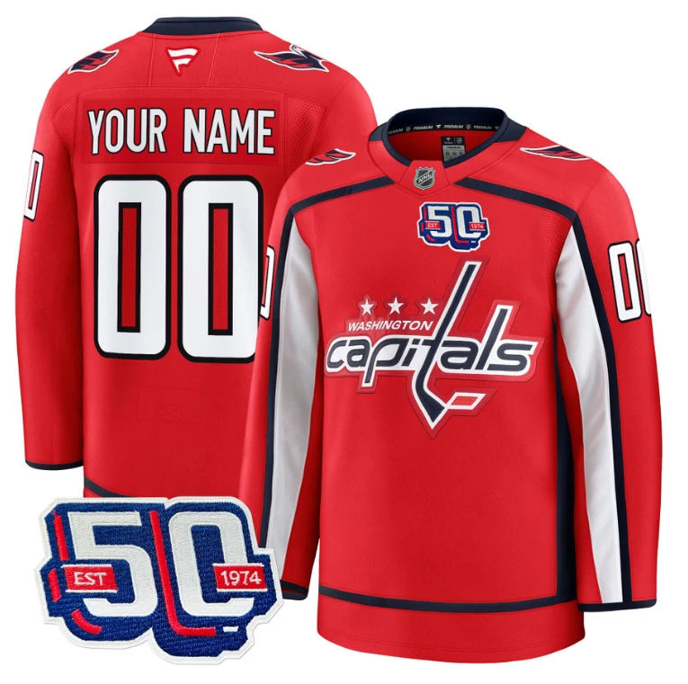 Men Custom Washington Capitals Jersey 50th Anniversary Premium V2 Stitched Red by Hockey David