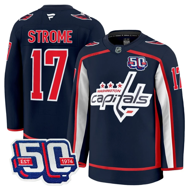 Men Dylan Strome Jersey #17 Washington Capitals 50th Anniversary Stitched Navy by Hockey David