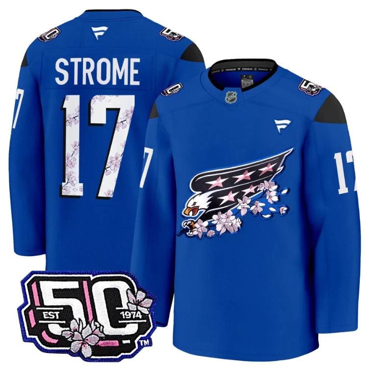 Men Dylan Strome Jersey #17 Washington Capitals 50th Stitched Cherry Blossom by Hockey David