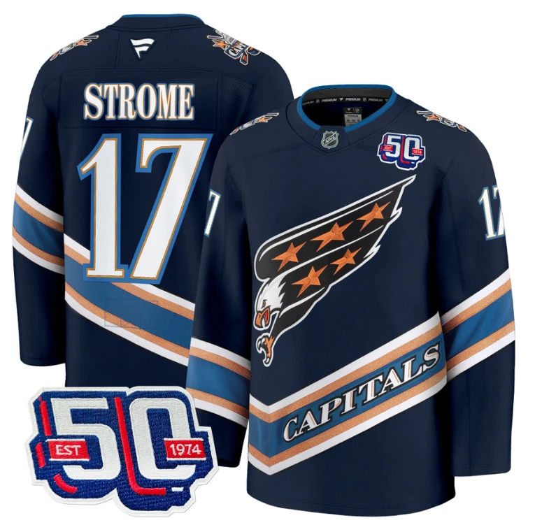 Men Dylan Strome Jersey #17 Washington Capitals Eagle 50th Anniversary Navy by Hockey David
