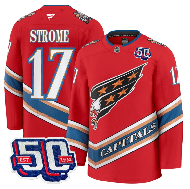 Men Dylan Strome Jersey #17 Washington Capitals Eagle 50th Anniversary Red by Hockey David