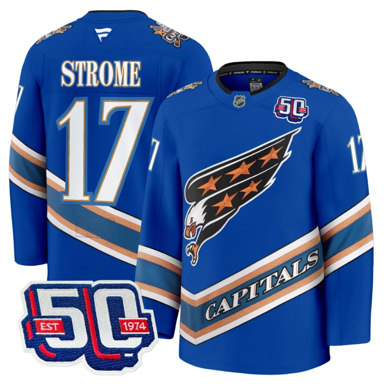 Men Dylan Strome Jersey #17 Washington Capitals Eagle 50th Anniversary Royal by Hockey David